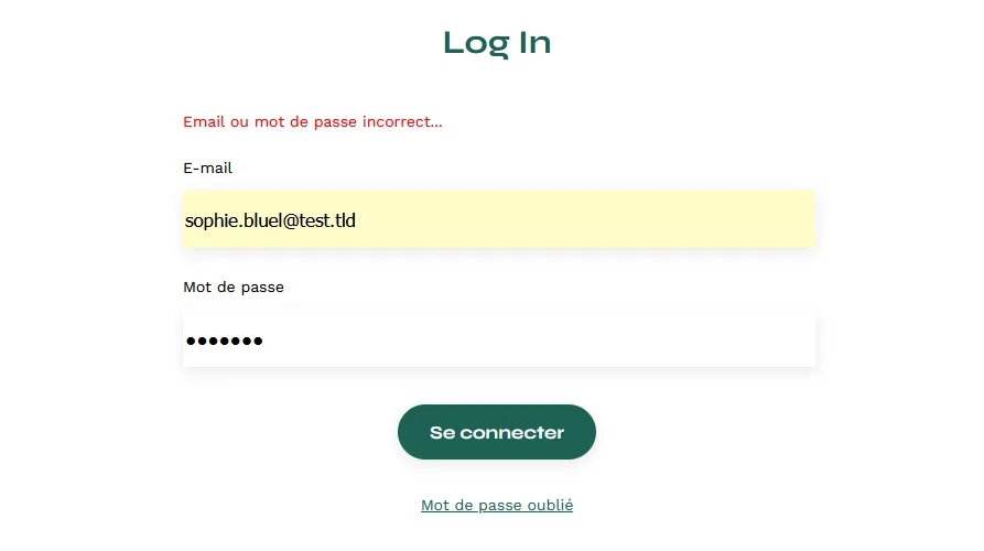 Modale de connexion avec un message d'erreur