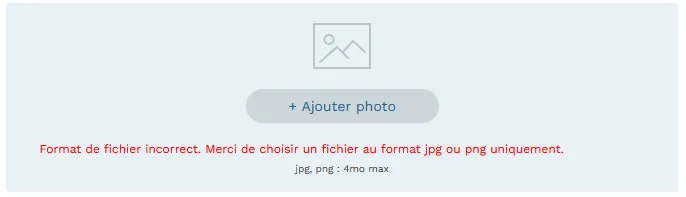 Modale d'ajout d'une image avec un message d'erreur