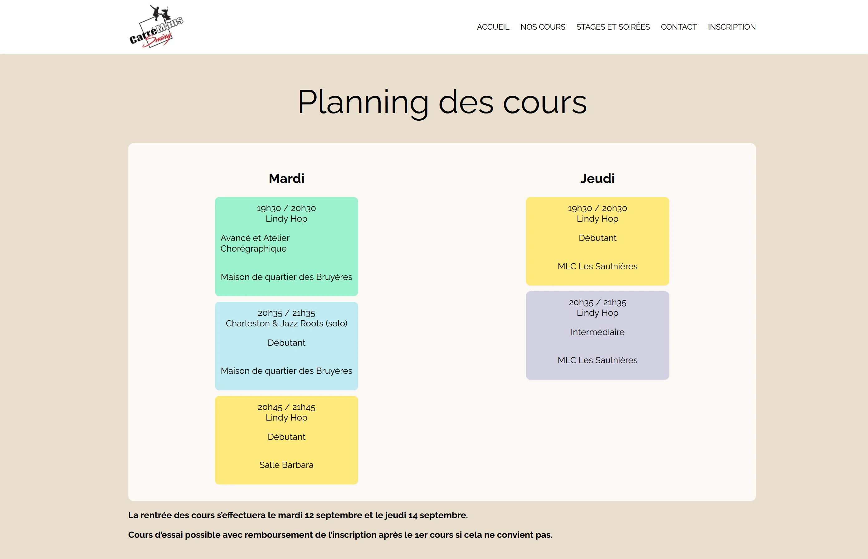 Page de planning des cours