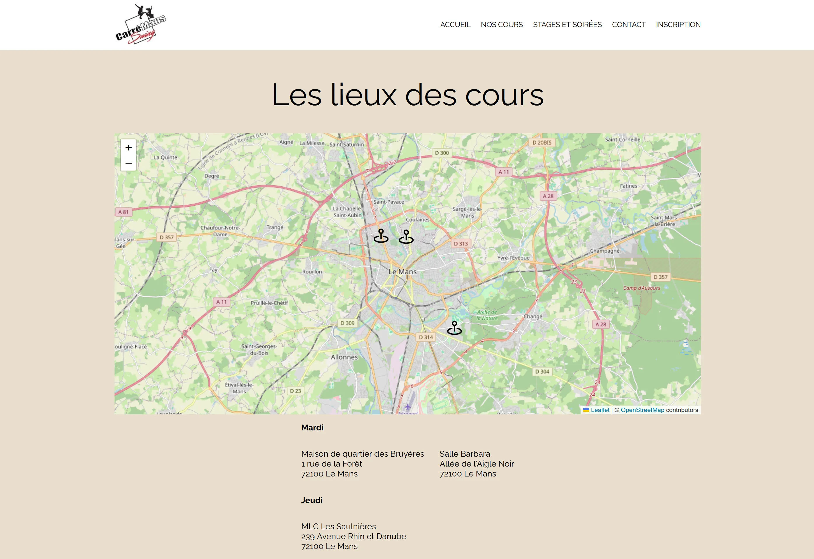 Page des lieux des cours