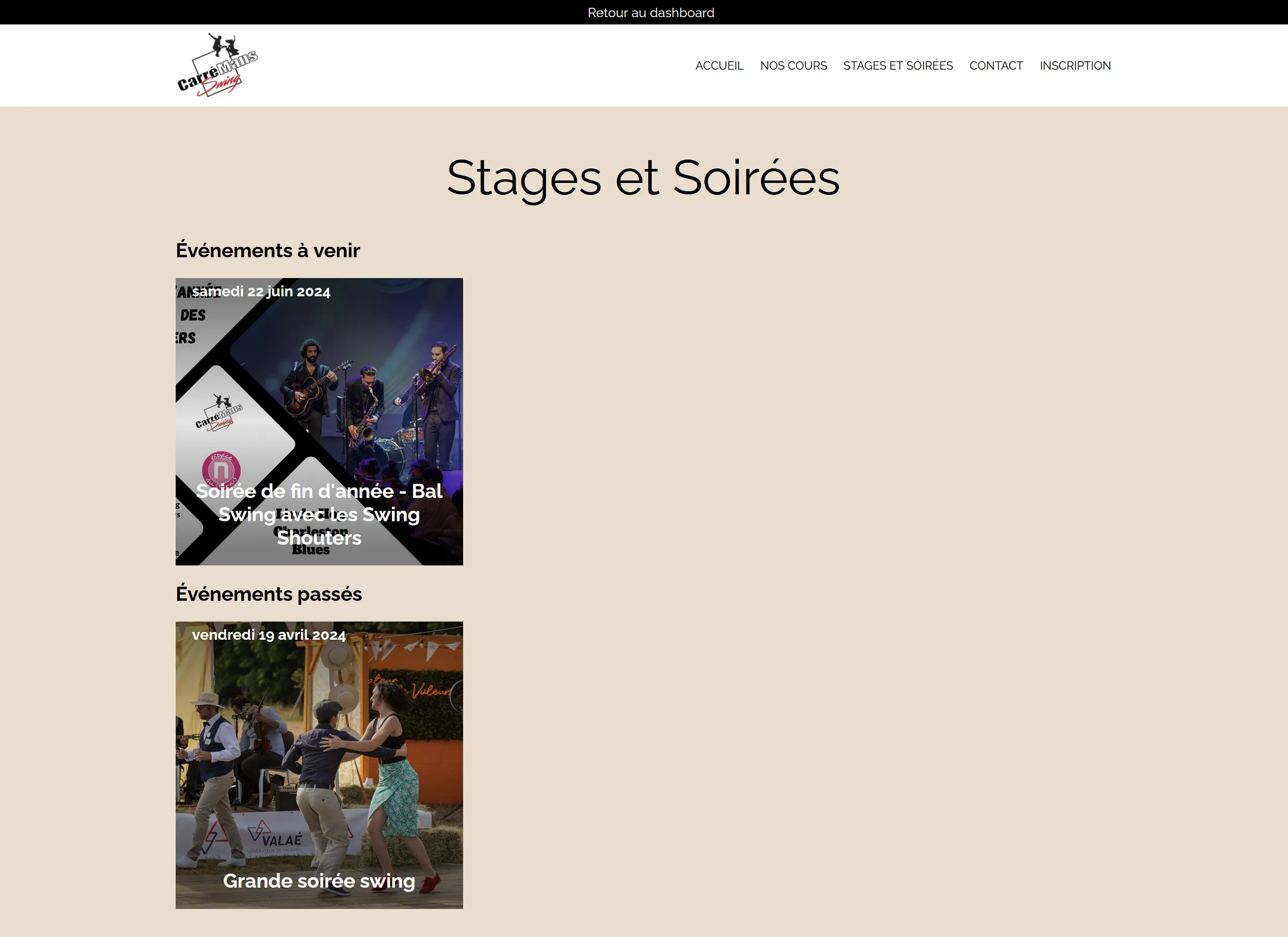 Page du site avec l'en-tête de l'administrateur connecté