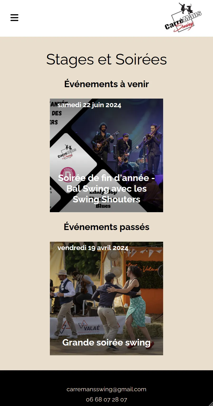 Page des événements en mode mobile