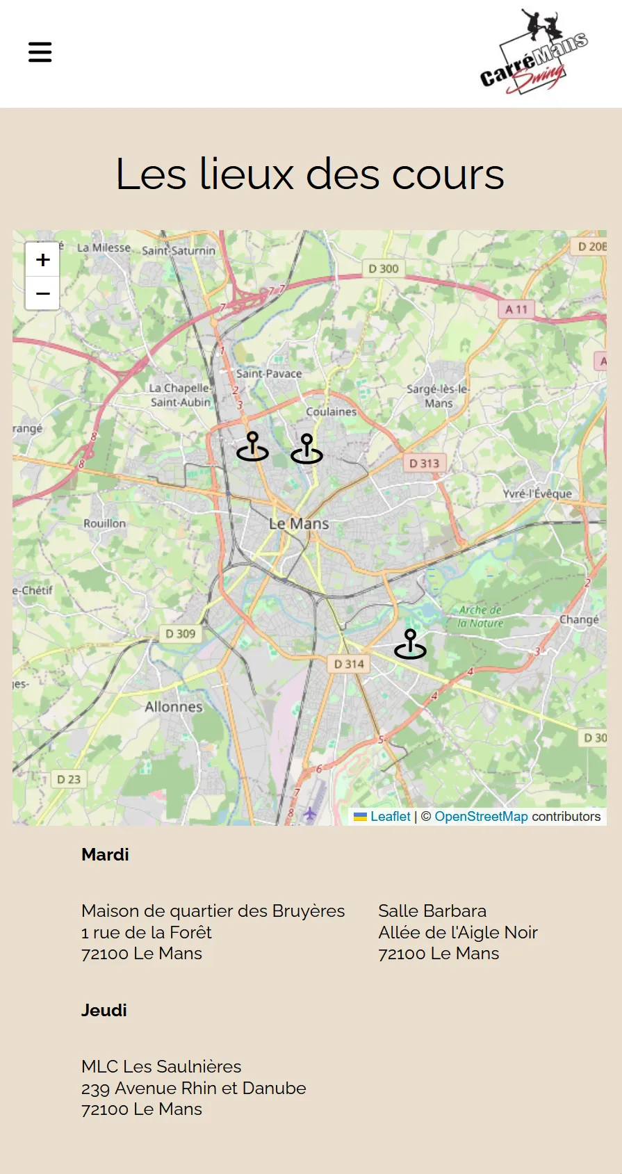 Page des lieux en mode mobile